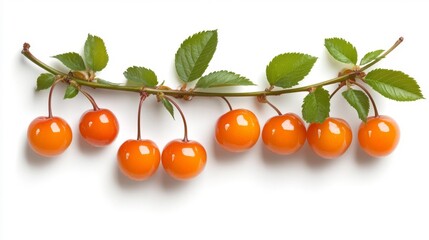 Branch of Orange Cherries with Green Leaves on White Background. Generative AI