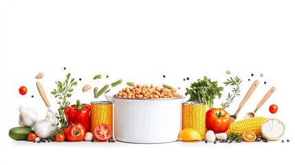 Fresh vegetables and canned goods arranged artistically with herbs and spices on a white background
