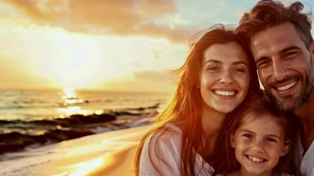  happy family with a small child stands by the sea, enjoying the ocean breeze and a joyful moment together
