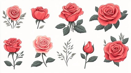 A collection of beautifully illustrated roses in various styles and colors on a soft background