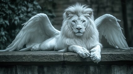 Majestic winged white lion resting on stone wall, park background
