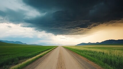 Fototapeta premium Empty road in the middle of an open field, dramatic storm clouds approaching, cinematic tension, moody nature contrast