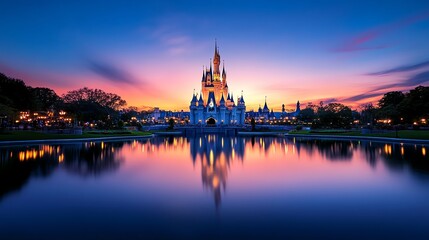 Obraz premium Enchanted fairytale castle glowing at dusk, magical fantasy ambiance, whimsical and dreamlike theme park scenery