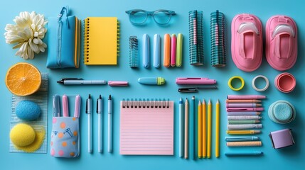 Colorful stationery and accessories arranged on a vibrant blue background with floral elements