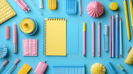 Colorful stationery and office supplies arranged on a vibrant blue background for creative workspace inspiration