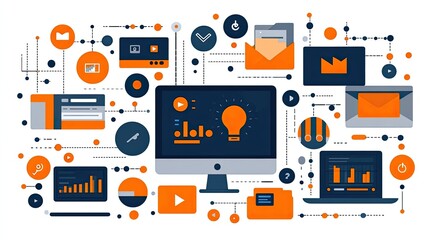 Colorful digital workspace with charts and icons showcasing data analysis and technology