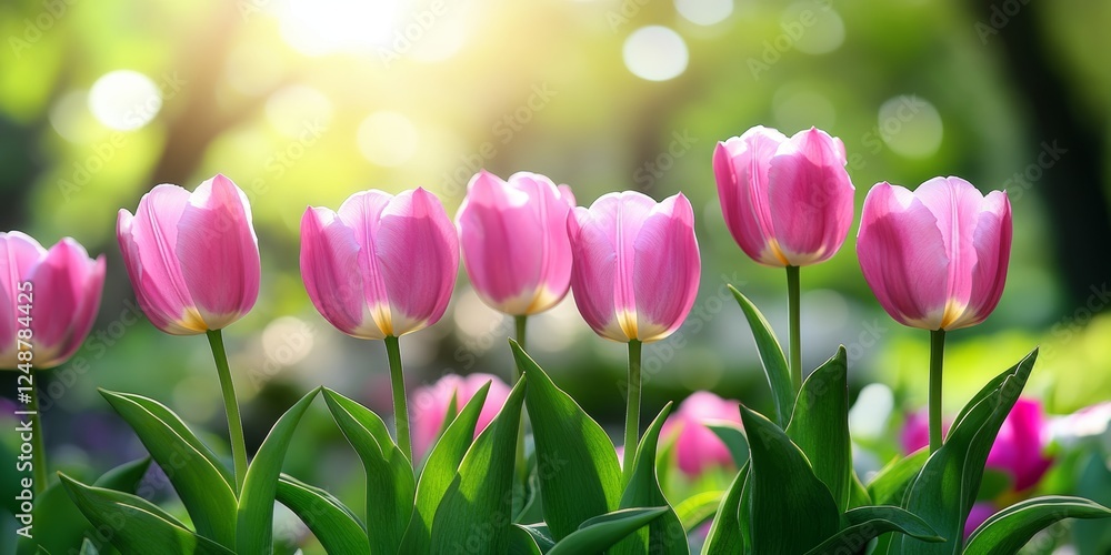 Poster pink tulips in bloom a spring floral display with soft sunlight and bokeh background