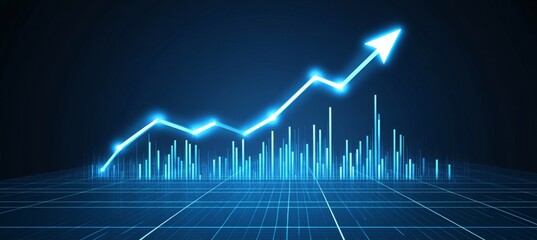 Naklejka premium Glowing Cyan Line Chart with Upward Arrow on Dark Blue Background A Symbol of Growth and Success