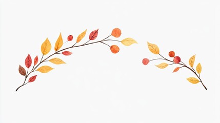 Autumn branches with orange and yellow leaves and berries on a white background for decoration