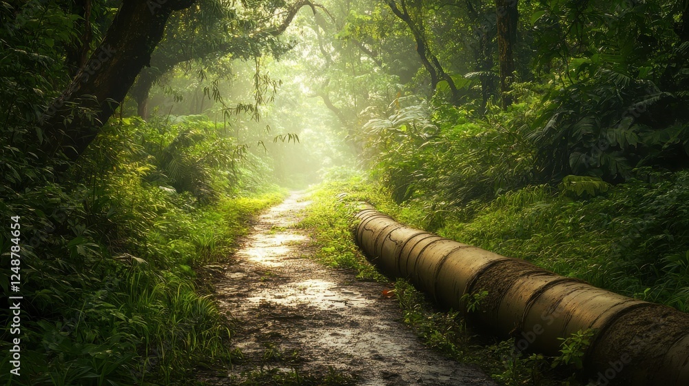 Poster serene forest pathway with sunlight filtering through trees and a pipe along the trail
