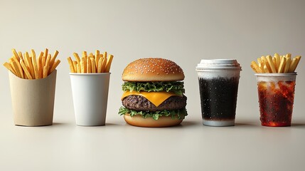 Delicious fast food arrangement featuring a cheeseburger, fries, and drinks on a neutral background