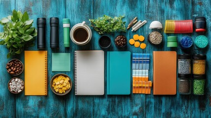 Colorful stationery and coffee arranged on a wooden table with plants and office supplies