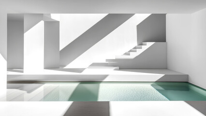 Minimalist design featuring stairs and a serene indoor pool