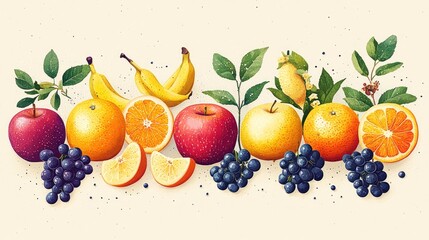 Colorful arrangement of fresh fruits including apples, bananas, grapes, and citrus on a light background