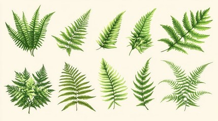 Collection of various fern leaves showcasing intricate patterns and vibrant greens on a light background