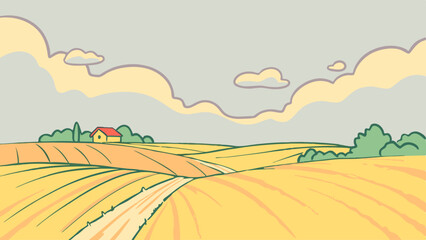 Fototapeta premium Flat sketch of a rural farm landscape with fields, and a house in the background. Ideal for agricultural branding, prints, and nature-themed projects.