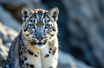 Close-Up Portrait of a Rare Snow Leopard with Intense Blue Eyes. World Wildlife Day. Generated AI