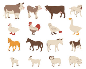A set of hand drawn farm animals including cows, sheep, horses and chickens in a playful design.