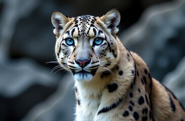 Obraz premium Close-Up Portrait of a Rare Snow Leopard with Intense Blue Eyes. World Wildlife Day. Generated AI