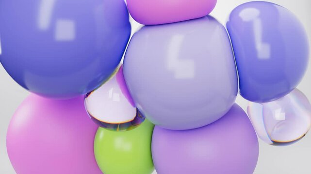 Abstract render motion design wallpaper with 3D pink and purple soft balls inflating on a white. Spheres modern animation