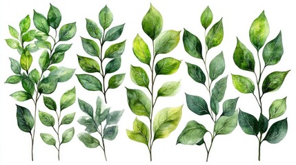 A collection of various green leaves showcasing different shapes and sizes against a white background