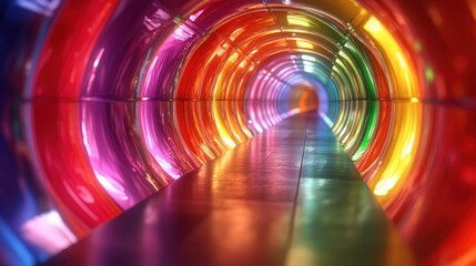 Colorful tunnel path, vibrant lights, reflective floor, abstract background, ideal for design