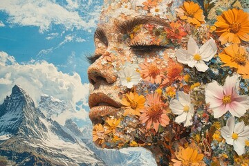 Fototapeta premium Colorful floral face set against a mountain backdrop.