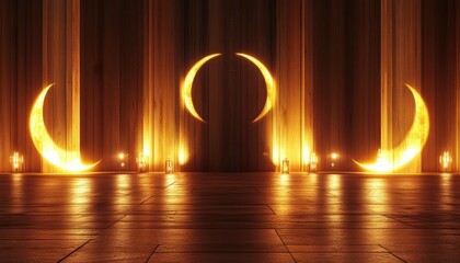Naklejka premium Glowing Crescent Moons and Candles Against a Rustic Wooden Wall