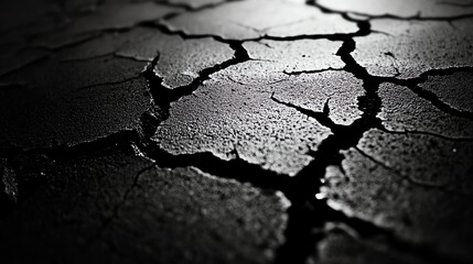 Fototapeta premium Highcontrast black and white photo of an old cracked sidewalk, textured pavement, artistic and moody urban aesthetic