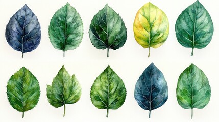 A vibrant collection of hand-painted leaves showcasing various colors and textures, ideal for nature-themed designs