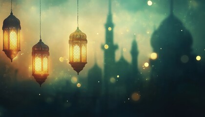 Glowing Golden Lanterns and Mosque Silhouette at Night