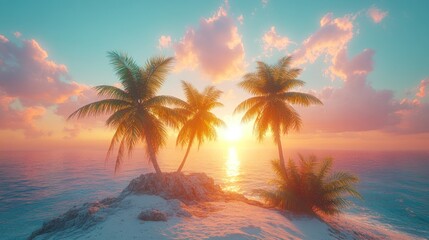 Idyllic sunset over tropical island with palm trees.