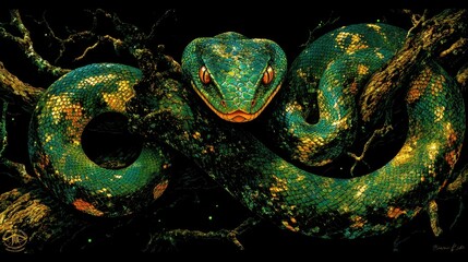 Obraz premium Emerald tree boa coiled on branch, night scene, rainforest background, wildlife poster