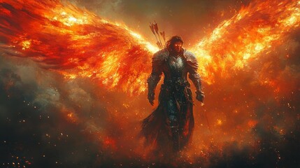 Fiery Warrior with Flaming Wings in a Battle Scene. Generative AI