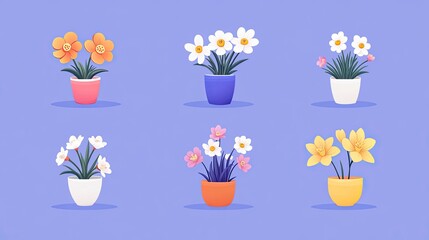 A vibrant collection of six flower pots featuring various colorful blooms against a soft background
