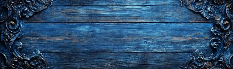 Fototapeta premium Blue wood background with ornate frame, perfect for invitations