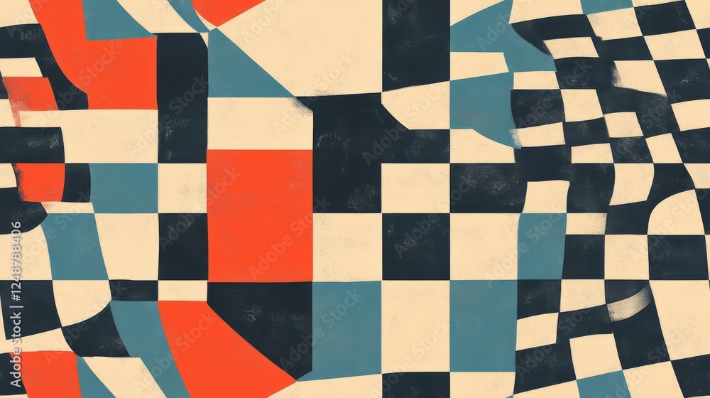Poster abstract geometric composition of checkered shapes and colorful elements