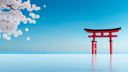Japanese beach, torii gate, cherry blossoms floating, 3D illustration
