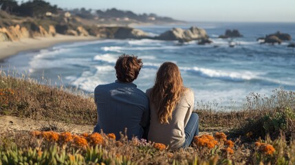 Couple on a California road trip, parked near Santa Cruz beach, watching the waves together