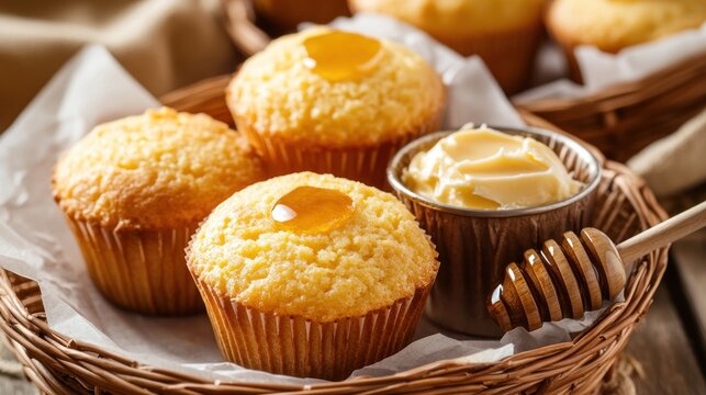 A batch of golden cornbread muffins served in a basket with a pot of honey butter on the side