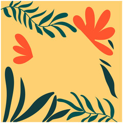 Floral Frame Illustration: An eye-pleasing floral frame illustration with minimalist design, featuring an arrangement of leaves and flowers with bold colors over yellow background.