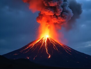 Majestic volcano erupting with fiery lava flow
