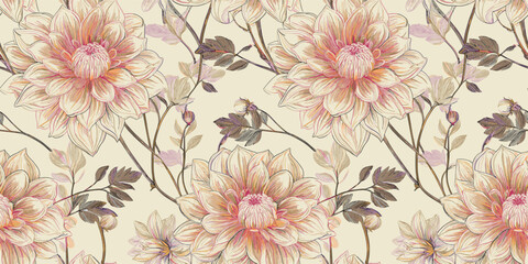 Repeating pattern of soft pink and white dahlia flowers with brown leaves on a light beige background.