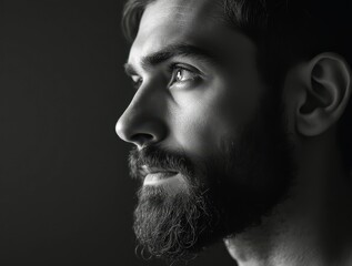 Monochrome portrait of bearded man with intense lighting