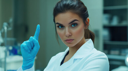 Serious female scientist in a white coat and blue latex gloves raising her index finger in a modern laboratory, symbolizing research and scientific expertise