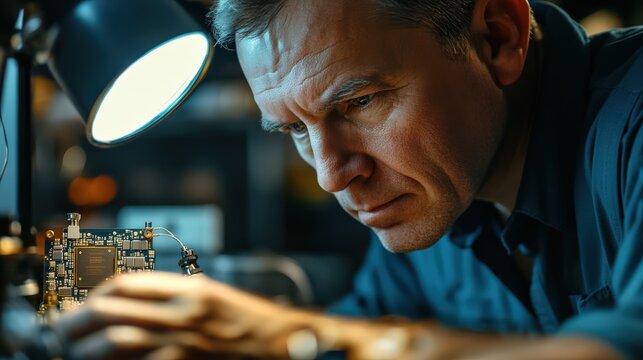 Electronics repair technician carefully working on a malfunctioning circuit board under a magnifying lamp