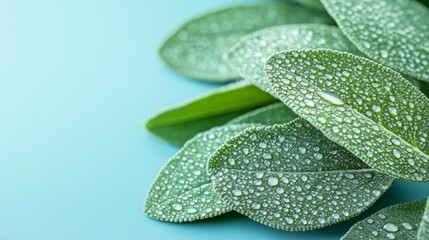 Obraz premium Fresh green sage leaves covered with water droplets gleam