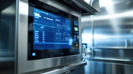 Obraz premium Cutting edge laboratory equipment featuring a digital interface with scientific data displayed. The sleek design and stainless steel surroundings highlight innovation in scientific research