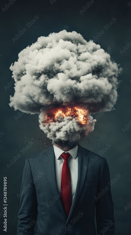 Poster businessman exploding with stress and information overload, his head replaced by a cloud of smoke an