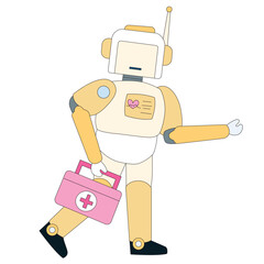 Robot Medic: A friendly robot, designed with a cute and inviting aesthetic, strides forward while carrying a pink medical kit with a first aid cross.